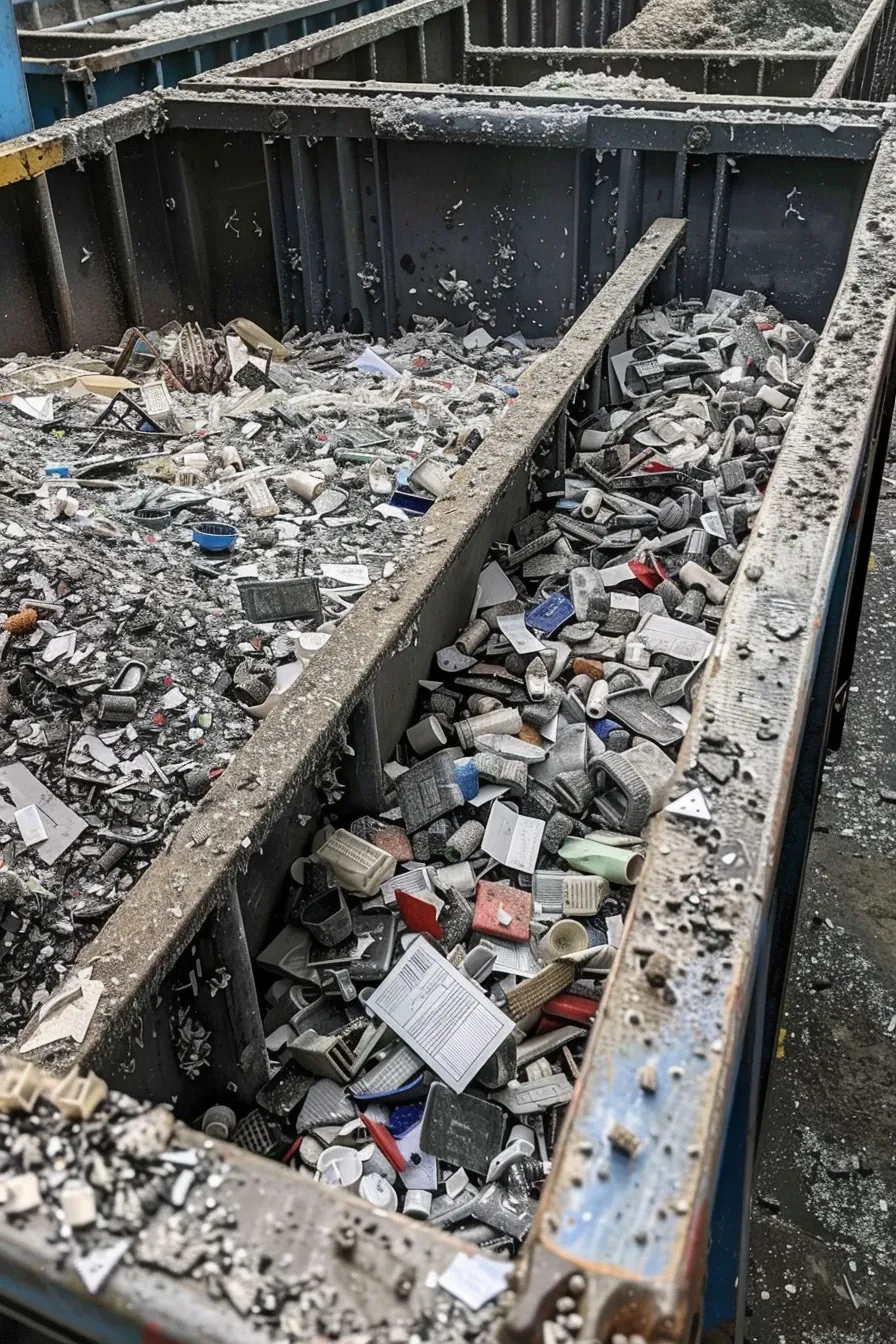 zanieczyszczone smarem obudowy z tworzyw i wadliwe odlewy plastikowe w koszu przemysłowym