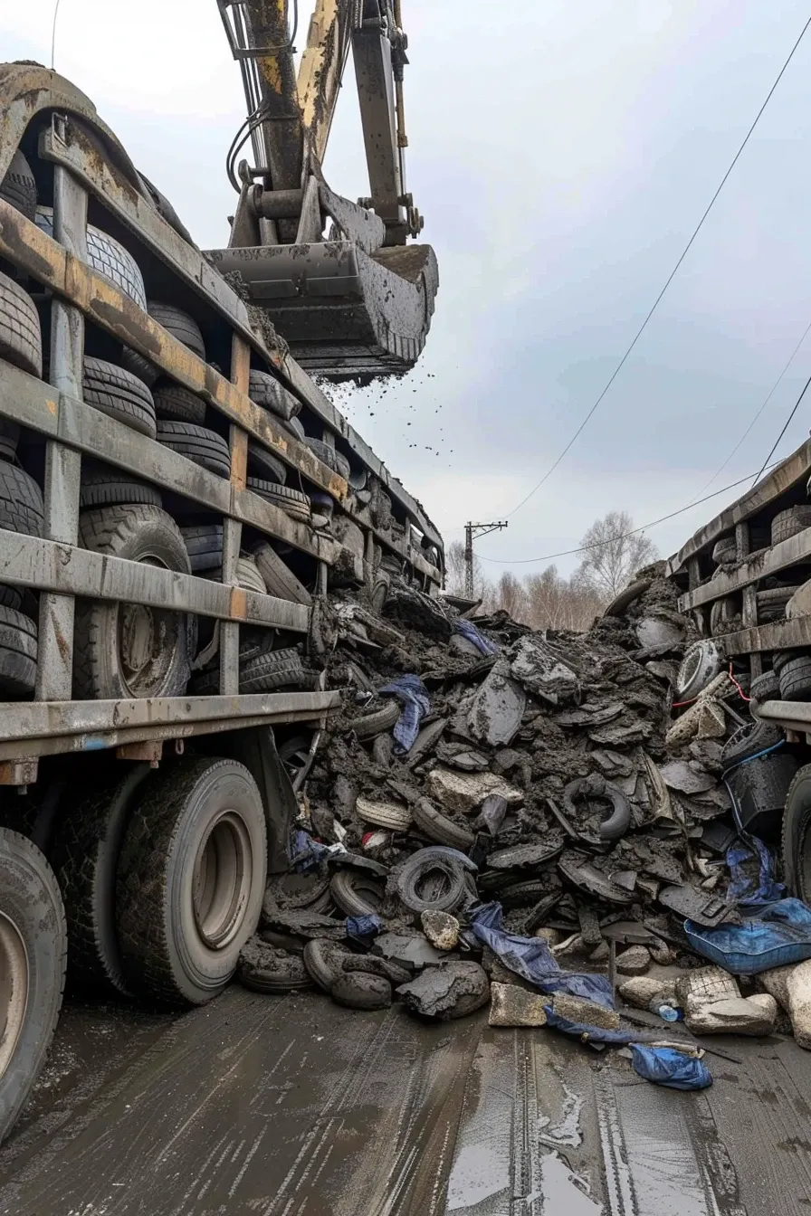 Chwytak hydrauliczny ładuje stertę brudnych opon ciężarowych na naczepę ciężarówki CDSRecycling.
