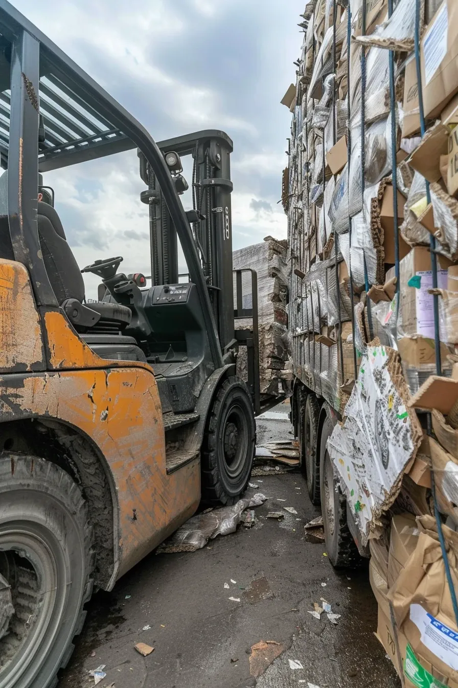 Wózek widłowy z chwytakiem ładuje wielkie bele makulatury na naczepę ciężarówki CDSRecycling