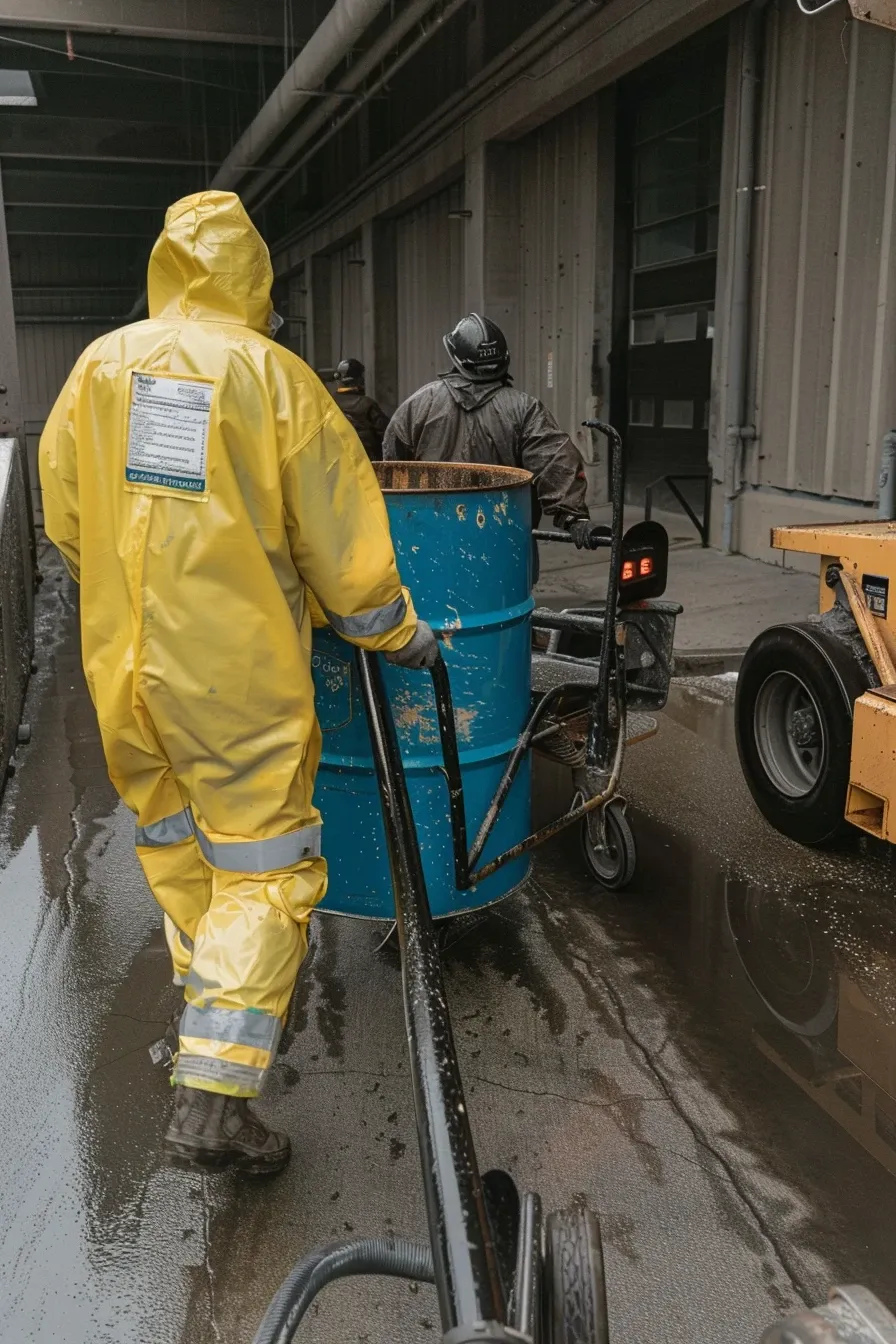 Logistyk przestawia brudną niebieską beczkę ze zużytym olejem roślinnym na zapleczu lokalu.