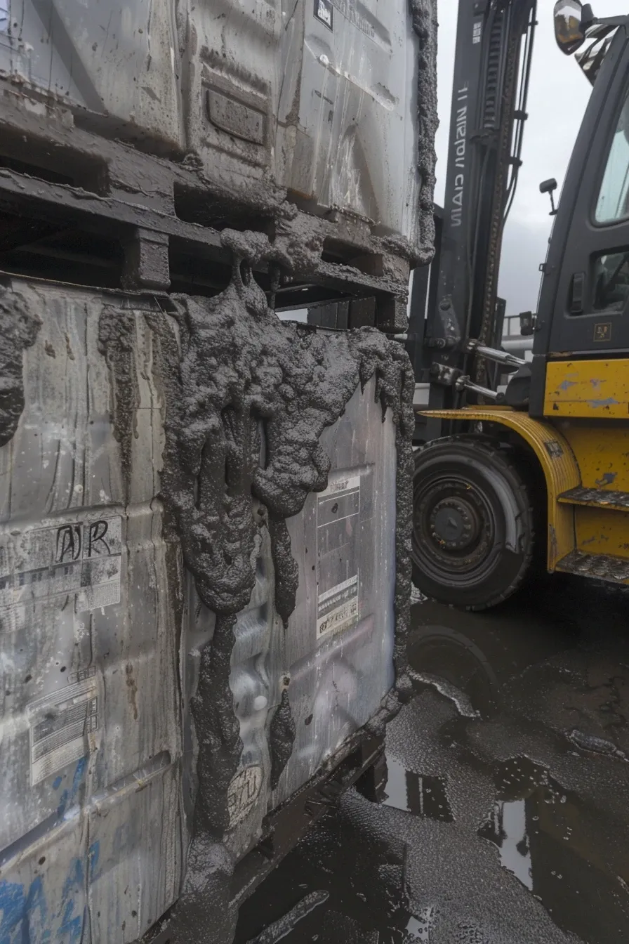 Wózek widłowy ładuje brudny kontener IBC z chemicznym szlamem po procesie neutralizacji.