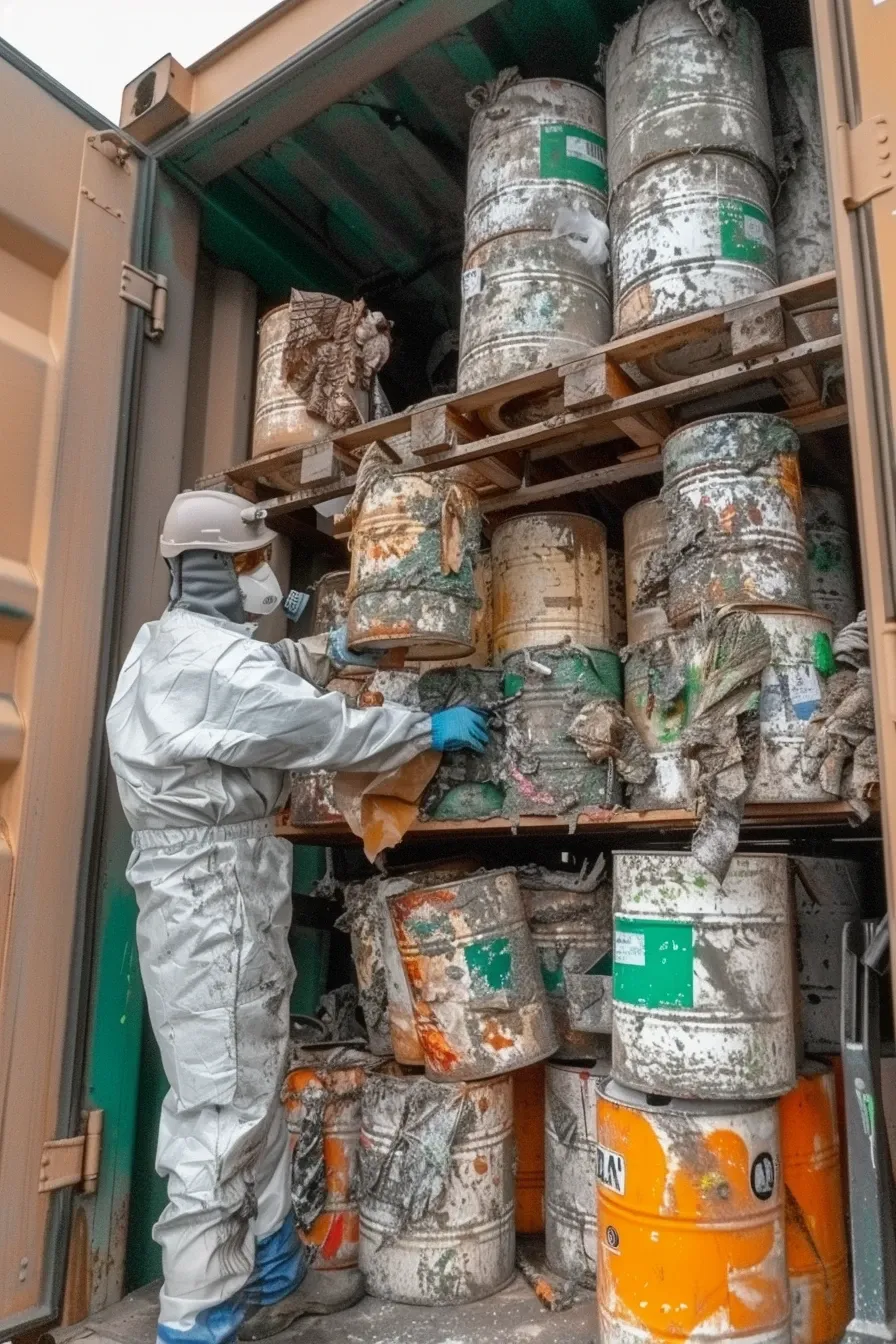 Ładowanie zardzewiałych puszek i beczek po farbach na ciężarówkę z tablicami ADR CDSRecycling.