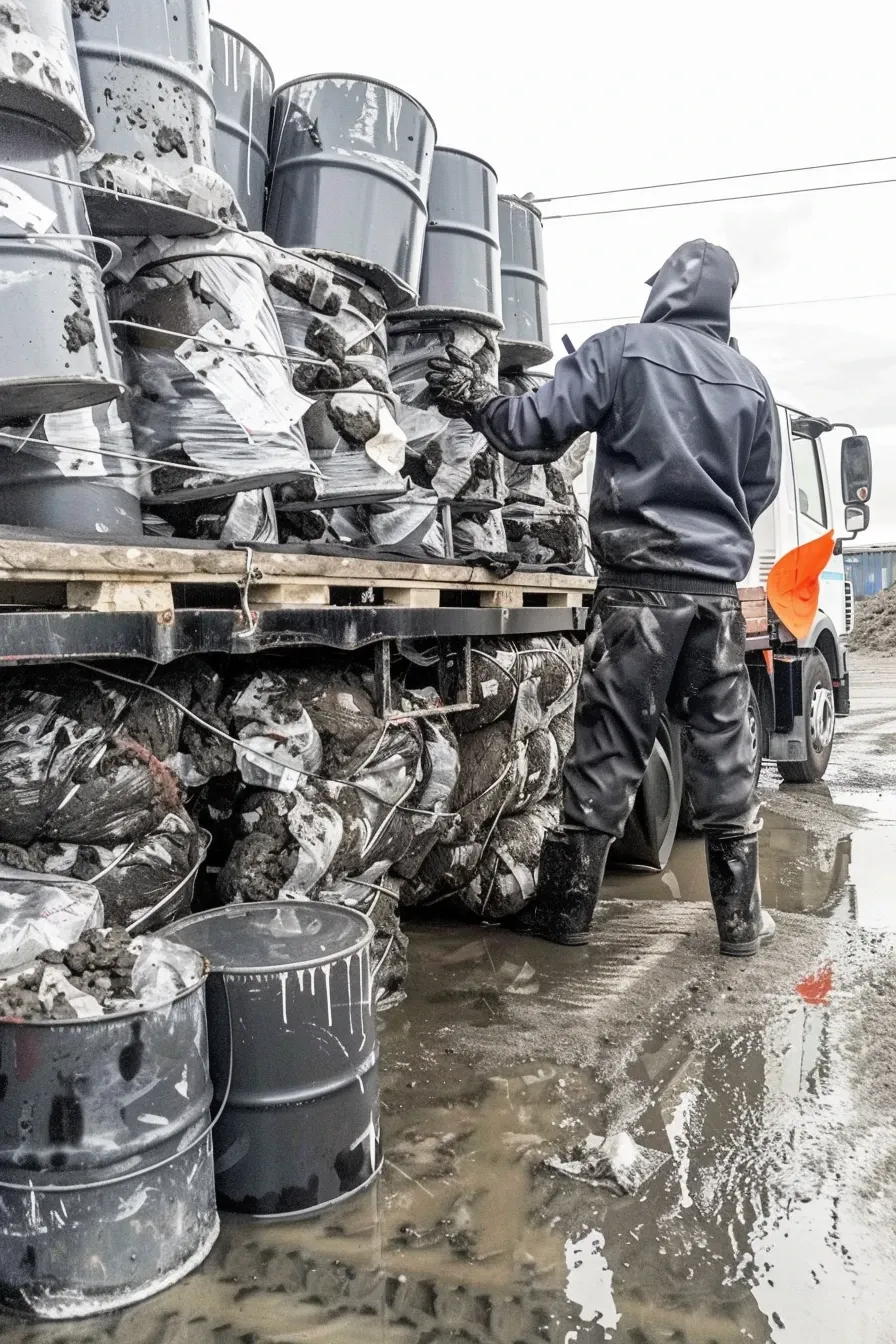 Zabezpieczanie brudnych beczek z odpadami przemysłowymi na naczepie ciężarówki CDSRecycling.