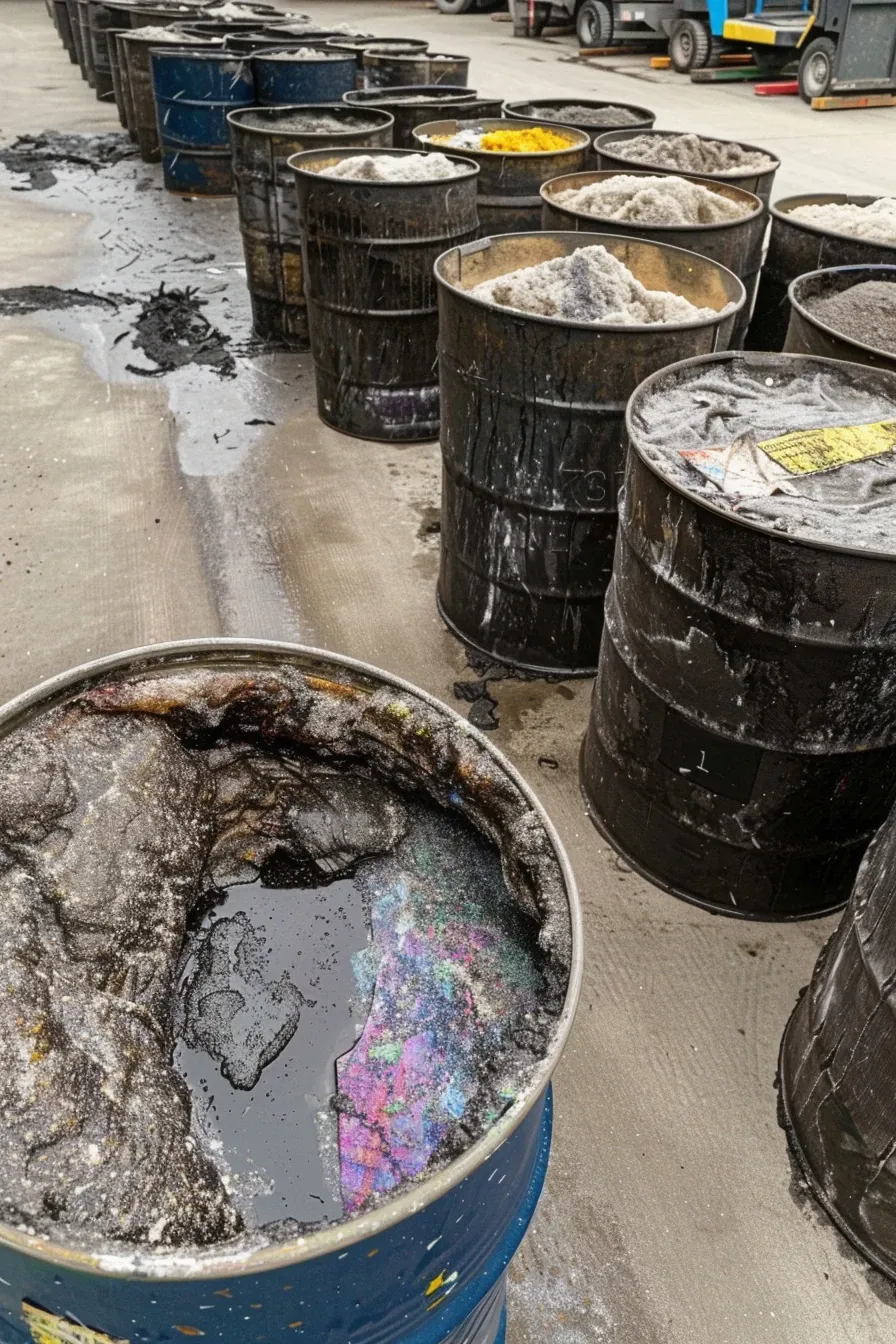 Utylizacja-odpadów-chemicznych-cdsrecycling_3_Zdjęcie przedstawia gęsty, toksyczny osad chemiczny w metalowym pojemniku przemysłowym..