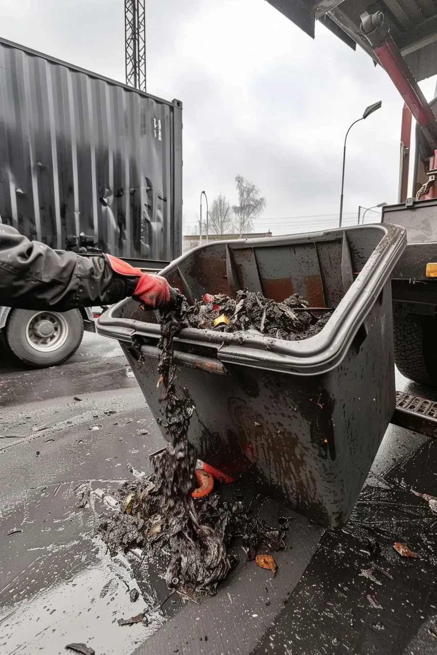 Ładowanie brudnego pojemnika z odpadami organicznymi na specjalistyczny transport CDSRecycling.