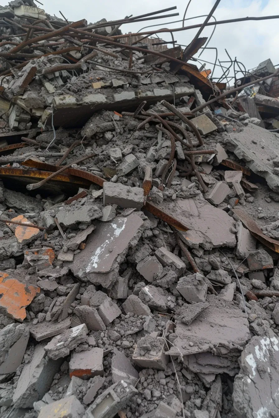 utylizacja-odpadow-budowlanych-cdsrecycling_2_Hałda brudnego gruzu z prętami zbrojeniowymi na terenie wyburzeń przemysłowych.