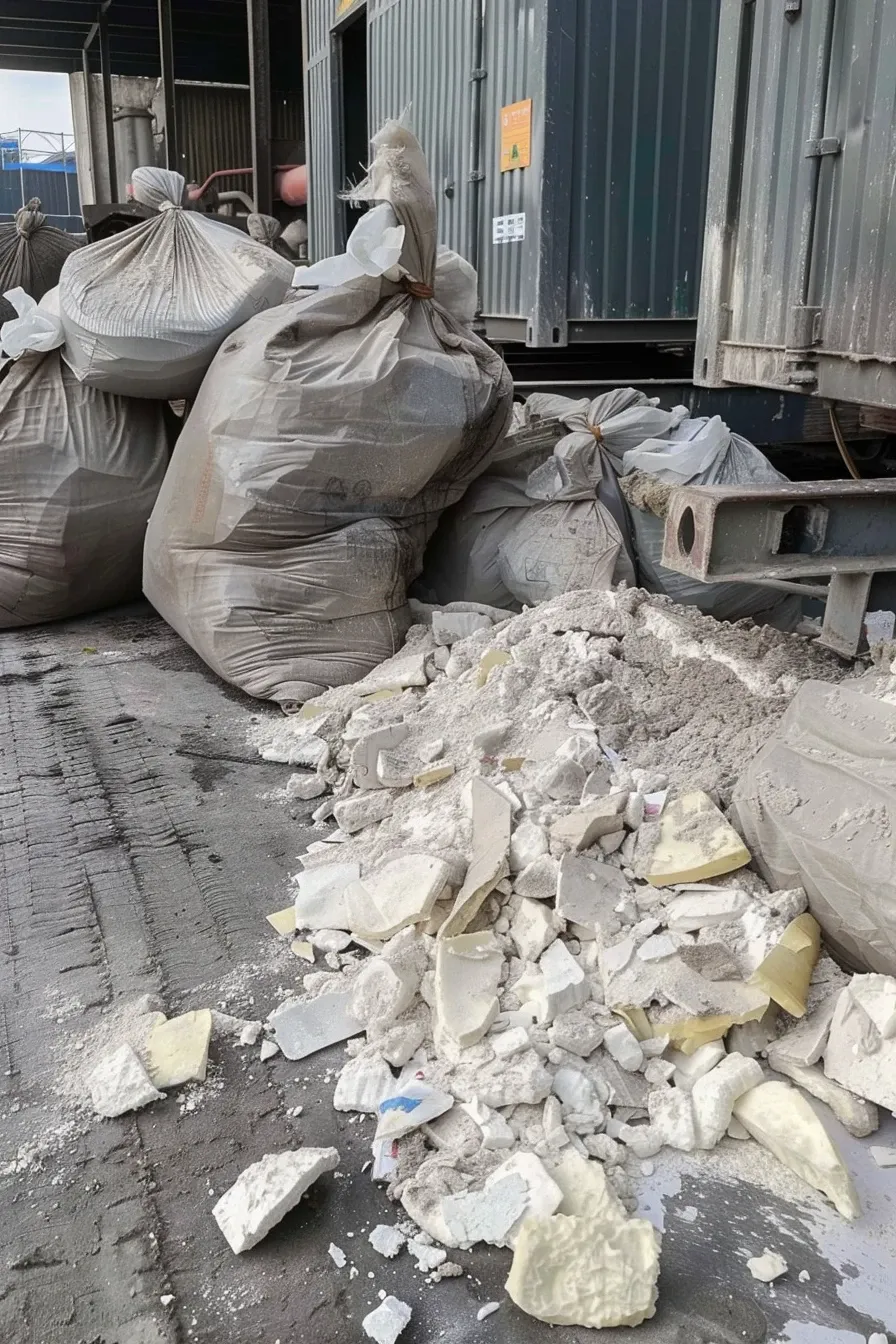 utylizacja-odpadow-budowlanych-cdsrecycling_4_Brudne worki Big-Bag wypełnione odpadami izolacyjnymi i wełną szklaną na budowie..