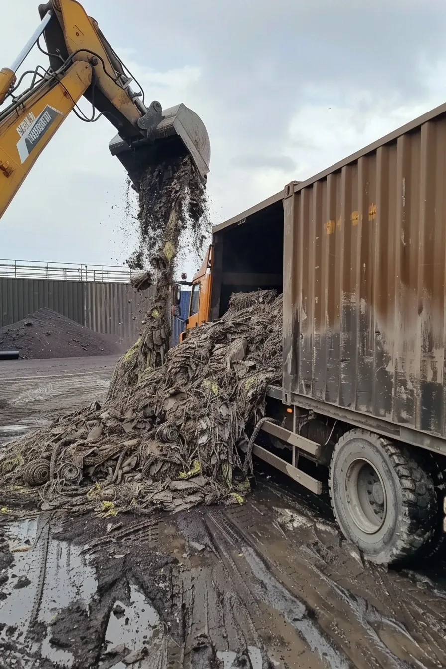 Ładowarka przemysłowa przenosi stertę brudnej papy dachowej na naczepę ciężarówki CDSRecycling..