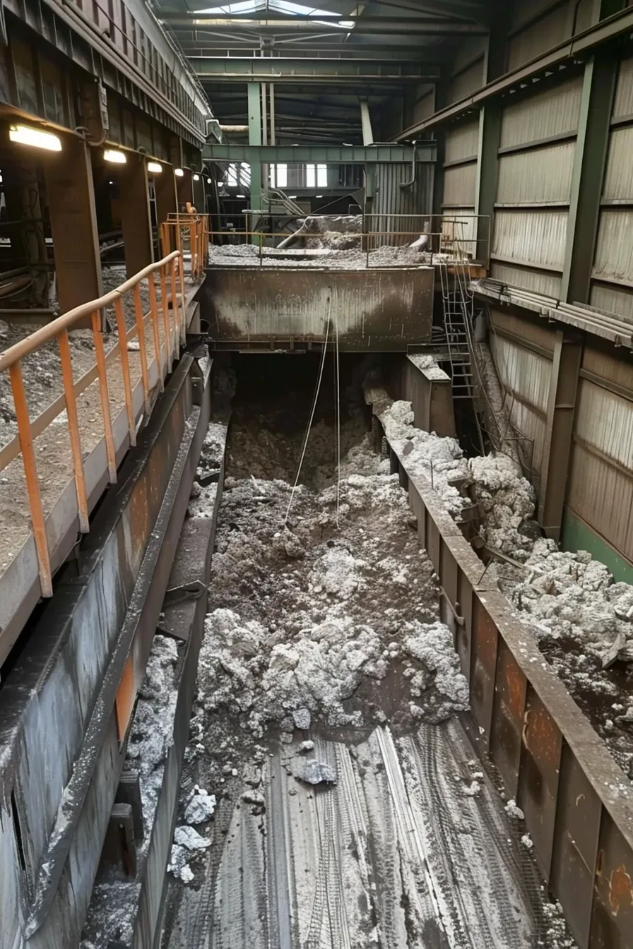 Pionowy kadr na proces mechanicznego przetwarzania wełny szklanej w hubie odpadowym CDSRecycling