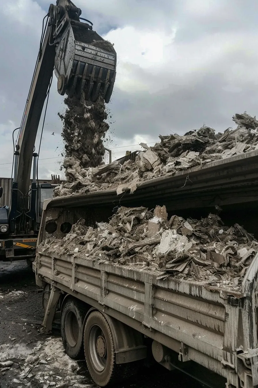 Ładowarka przemysłowa przenosi stertę brudnej wełny izolacyjnej na pojazd ciężarowy CDSRecycling.